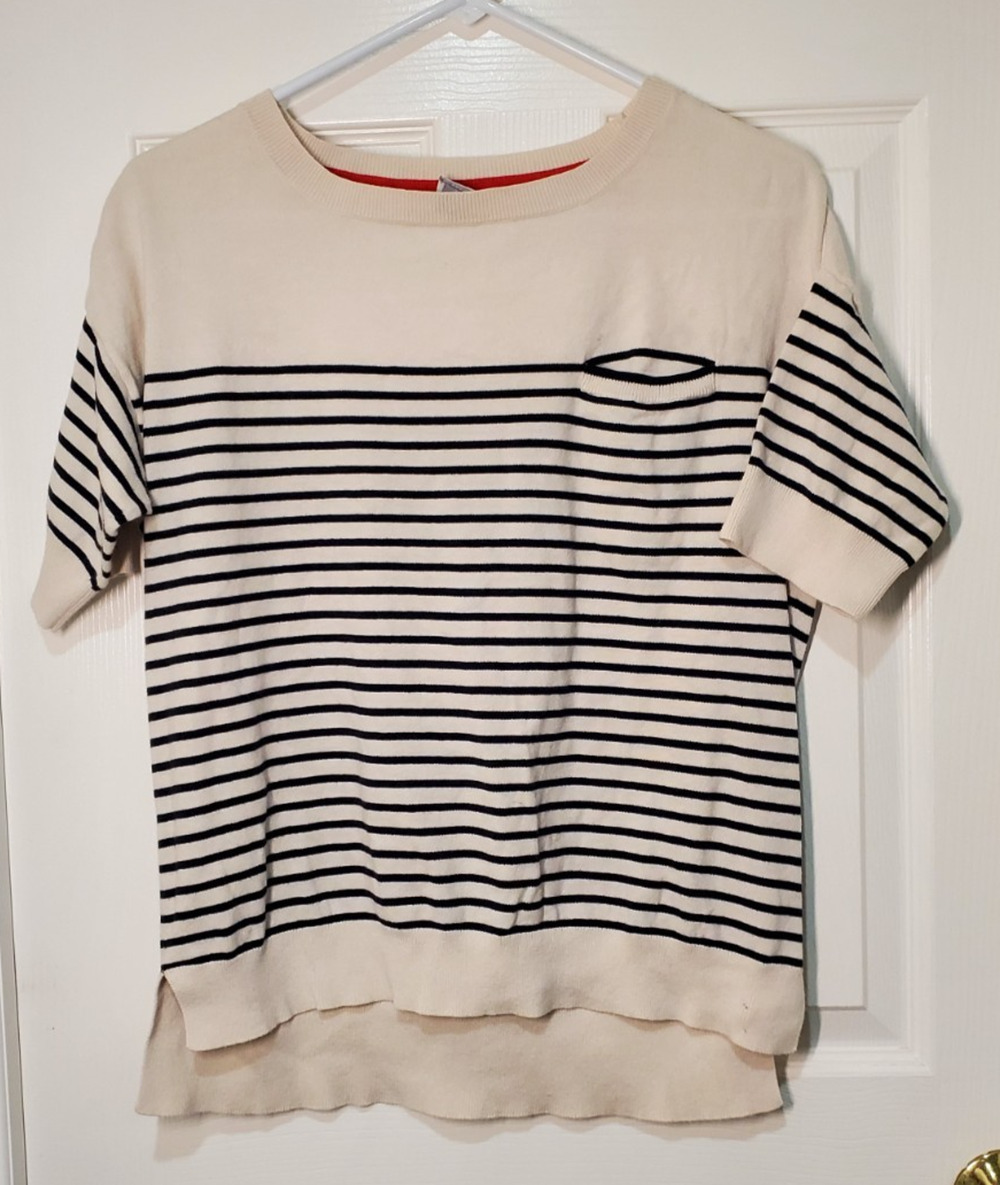 JCP Womens L Striped Knit Sweater Top Navy Ivory Short Sleeve Pocket Cotton